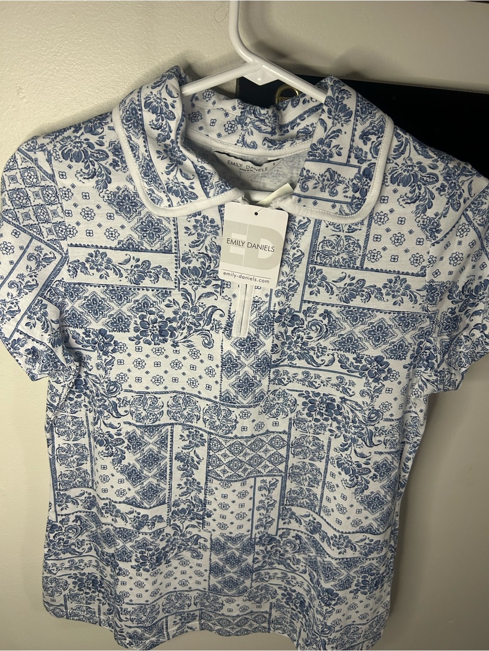 Emily Daniels White & Blue Printed Polo